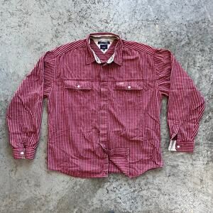 Vintage 90s Tommy Jeans XXL Red Plaid Button Up Shirt Contrast Cuff